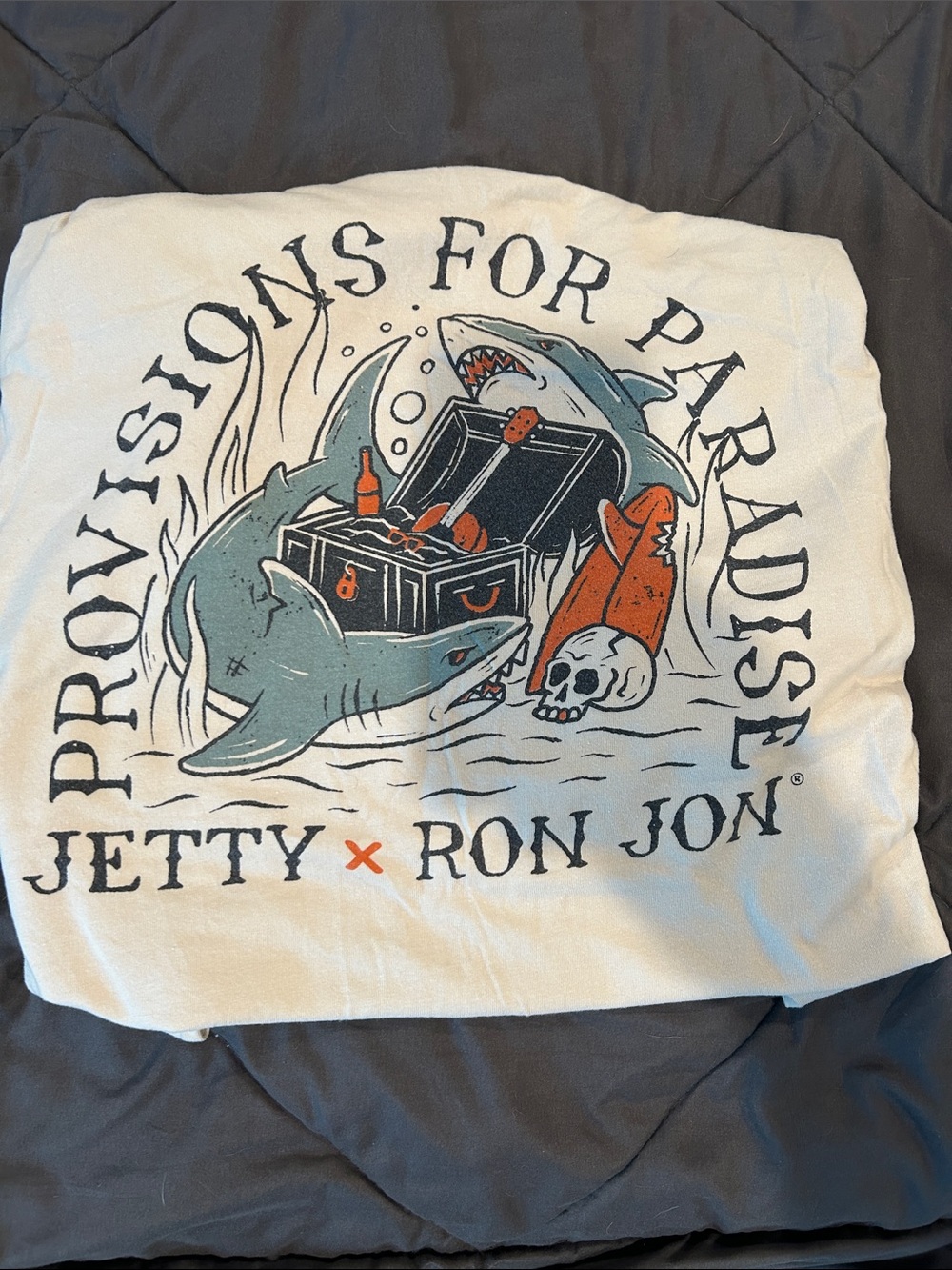 Jetty x Ron Jon Men's White Graphic Short Sleeve Tee - Sharks & Treasure